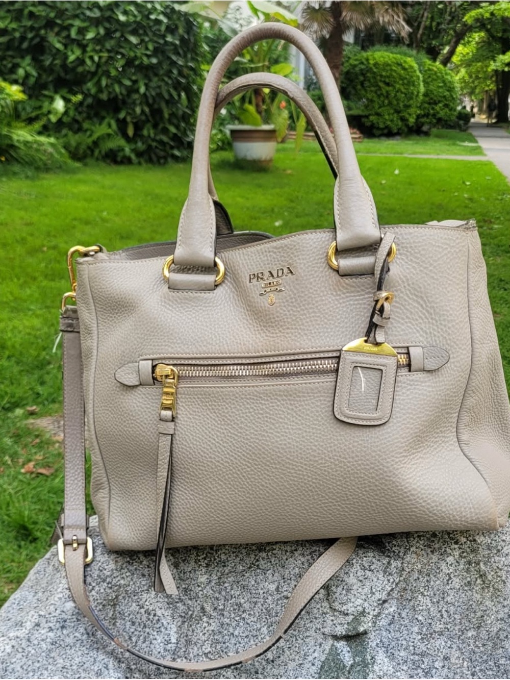 Prada Taupe Pebbled Leather Satchel with Gold Hardware